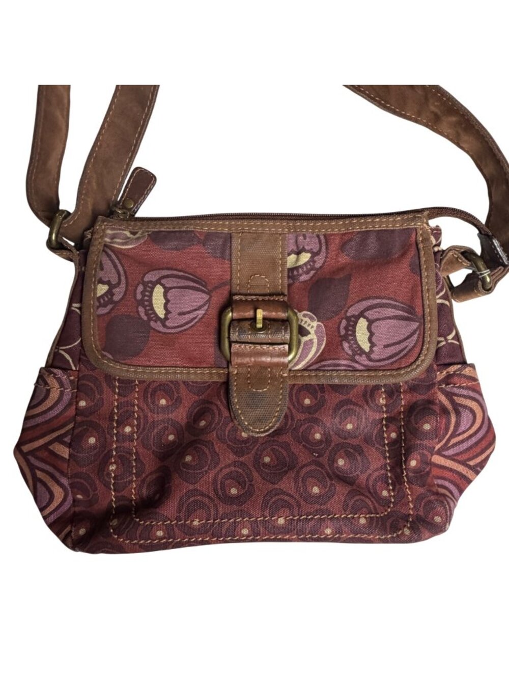 Vintage Fossil Lavender And Brown Floral Canvas Shoulder Crossbody Bag